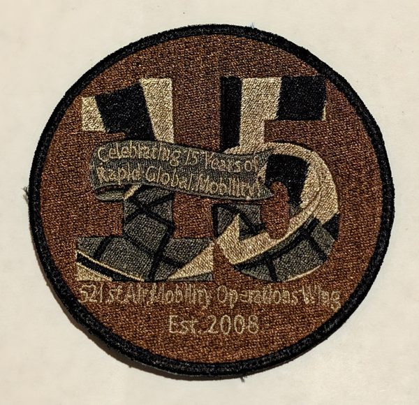 521st Air Mobility Operations Wing - 'Celebrating 15 Years of Rapid Global Mobility' (subdued) (subdued (commemorative)) patch